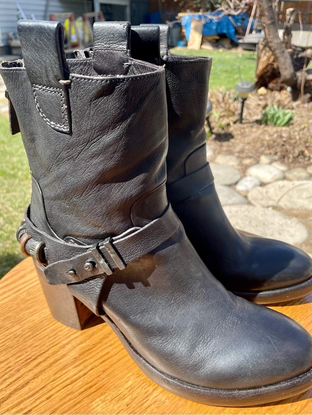Pakros Black Leather Block-Heel Harness Ankle Boots